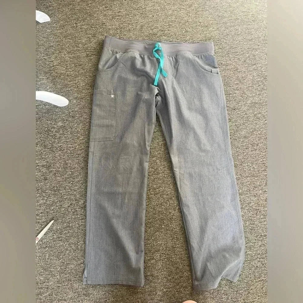 Figs Gray Pants with Teal Drawstring